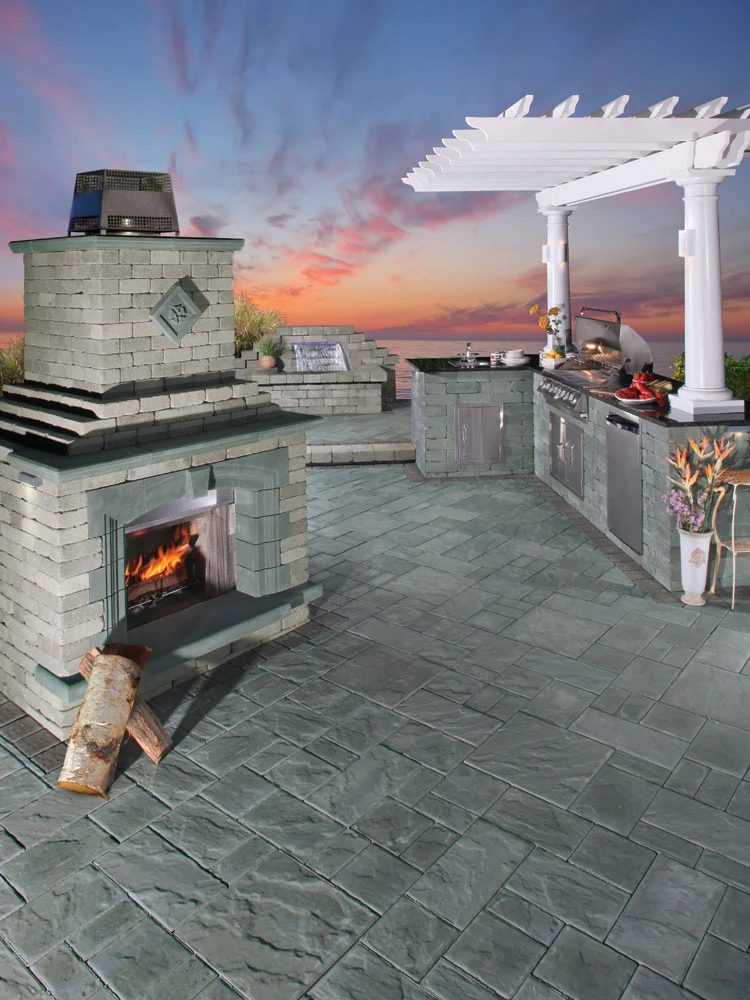 Outdoor living space with stone fireplace